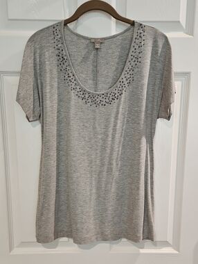 J Jill Gray Scoop Neck Short-Sleeve Tee with Neckline Embellishment